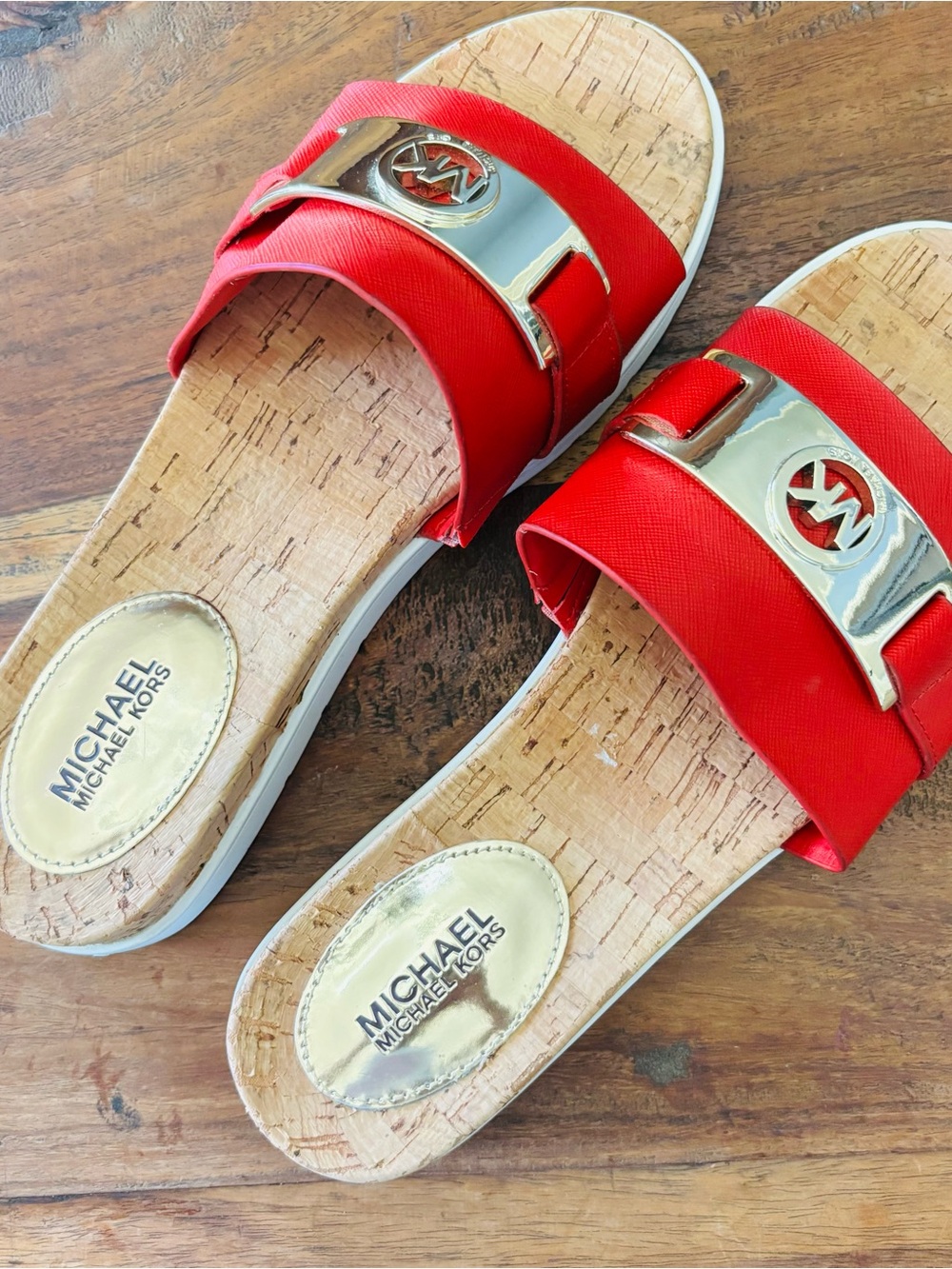 Michael Kors Red Warren Slides with Gold Logo Buckle